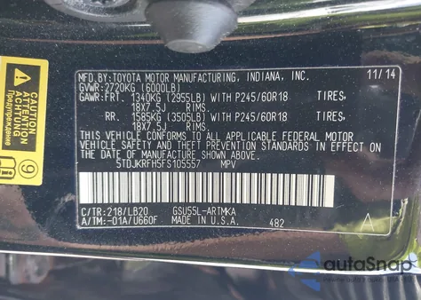 2015 Toyota Highlander Xle V6 from USA, damaged, VIN 5TDJKRFH5FS105557